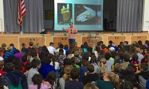 Giving a presentation on the Amazon to about 100-150 grade 4 and 5 school Kids in Atherton. Photo by George Ugras